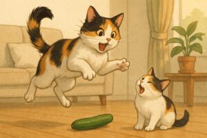 猫がきゅうりに飛び跳ねる