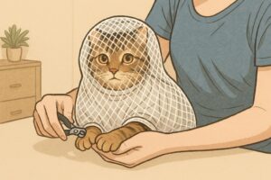 洗濯ネットに入って爪切り