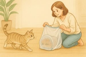 洗濯ネットに猫ちゃんを誘導