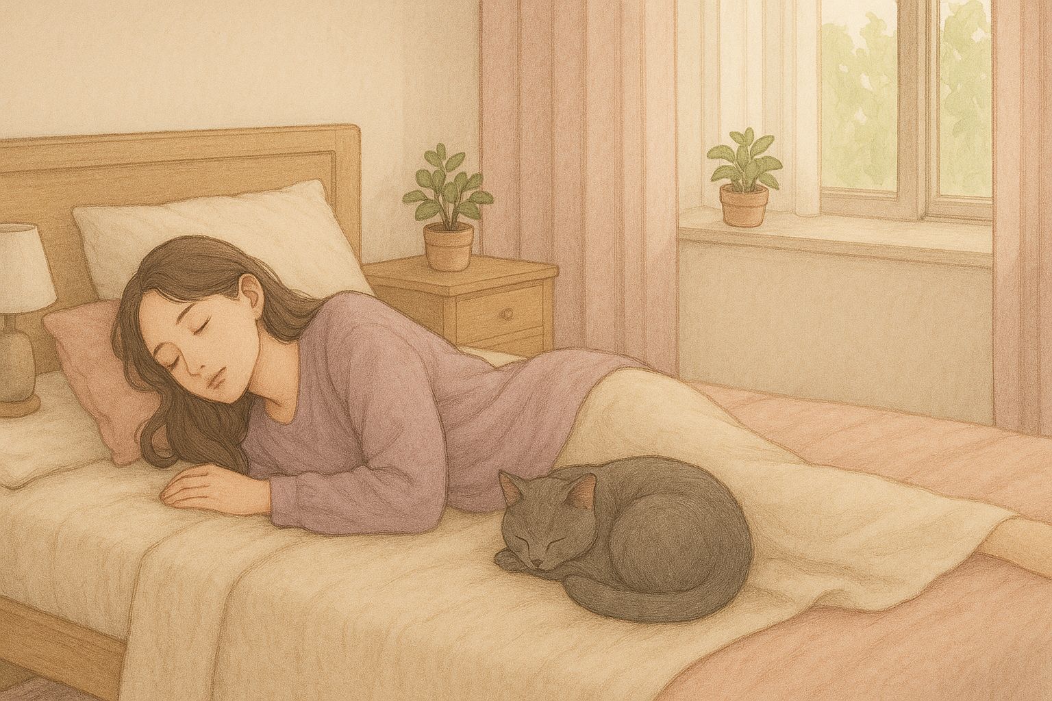 猫とくっついて寝ると幸せ